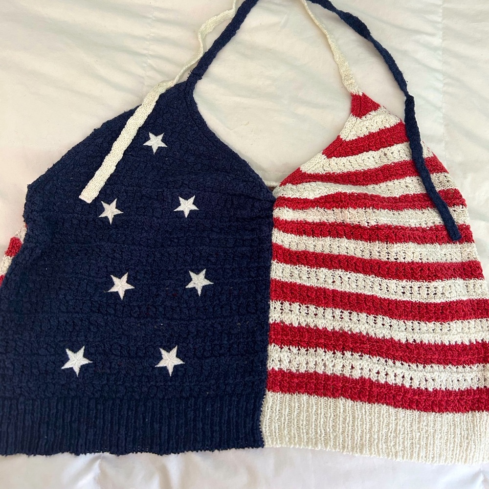 American Flag Crochet Tie Halter Crop Top